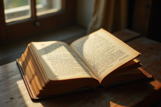 Livre ancien ouvert sur une table en bois avec soleil