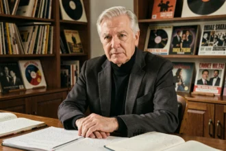 Portrait d'un auteur-compositeur québécois emblématique assis à son bureau entouré de carnets de paroles