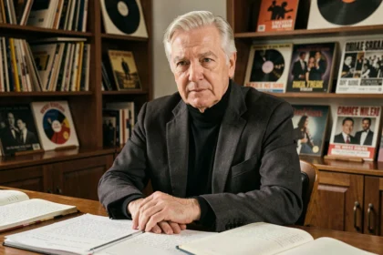 Portrait d'un auteur-compositeur québécois emblématique assis à son bureau entouré de carnets de paroles