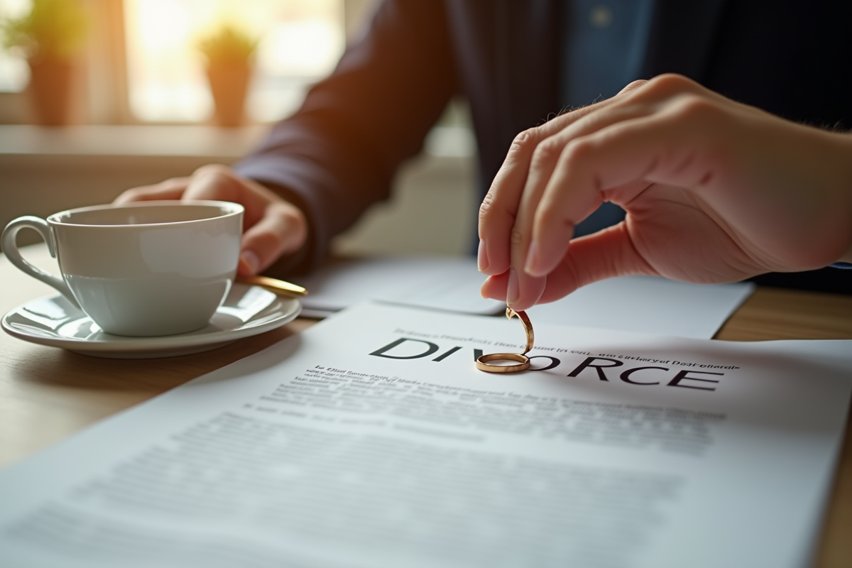 Une main touche une alliance près de documents de divorce
