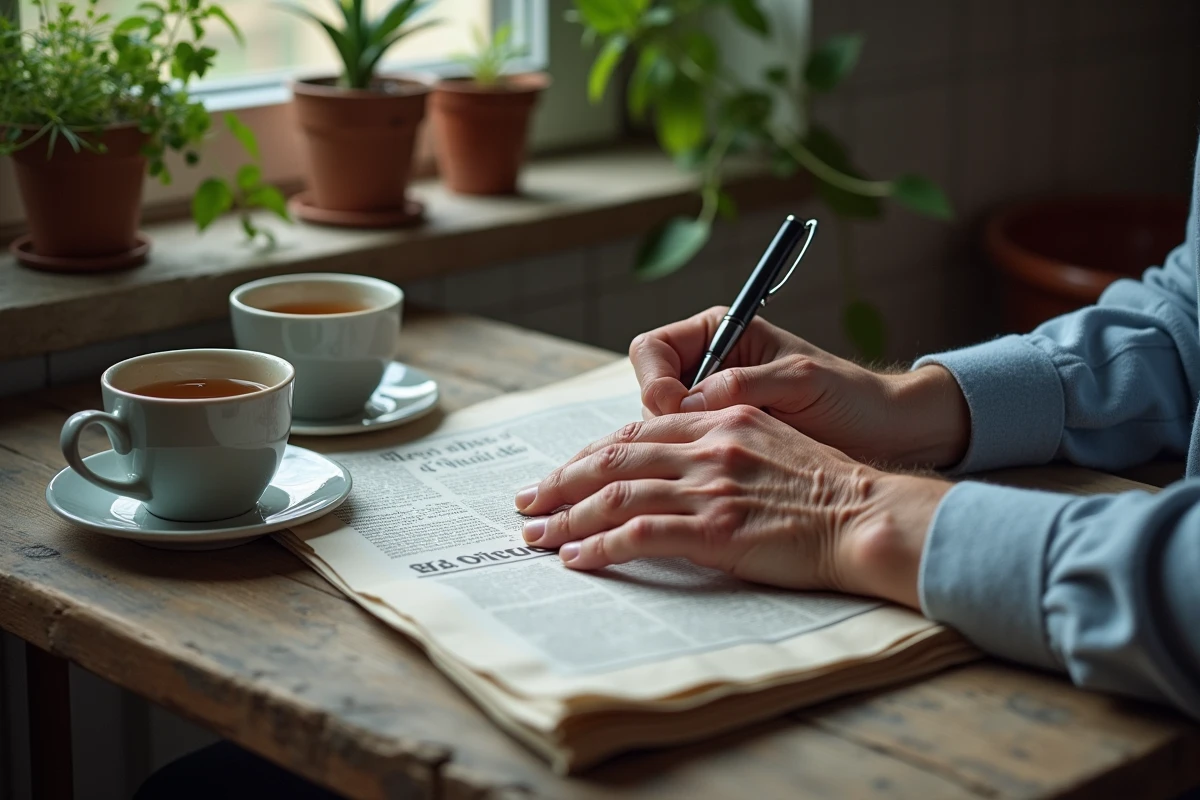 Mains âgées posées sur une table avec une tasse de thé et un journal français plié, symbolisant la fragilité et le silence d'une fin de vie discrète