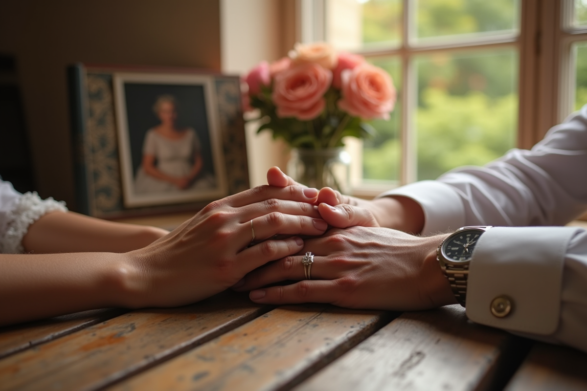 Mains entrelacees avec bagues de mariage sur une table en bois