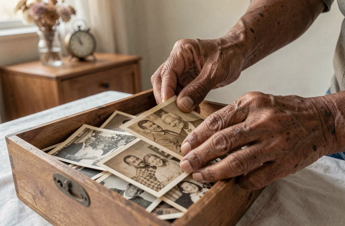 Mains âgées triant des photographies de famille sépia dans une boîte en bois, archives personnelles et mémoire familiale