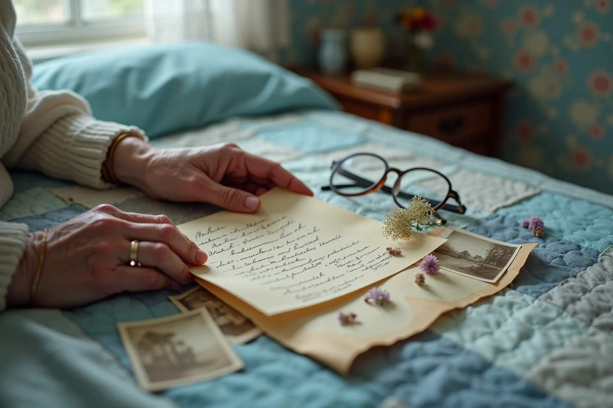 Mains de grand-mère dépliant une lettre manuscrite ancienne sur un lit recouvert d'un quilt, avec des fleurs séchées et des photos sépia évoquant les souvenirs d'enfance