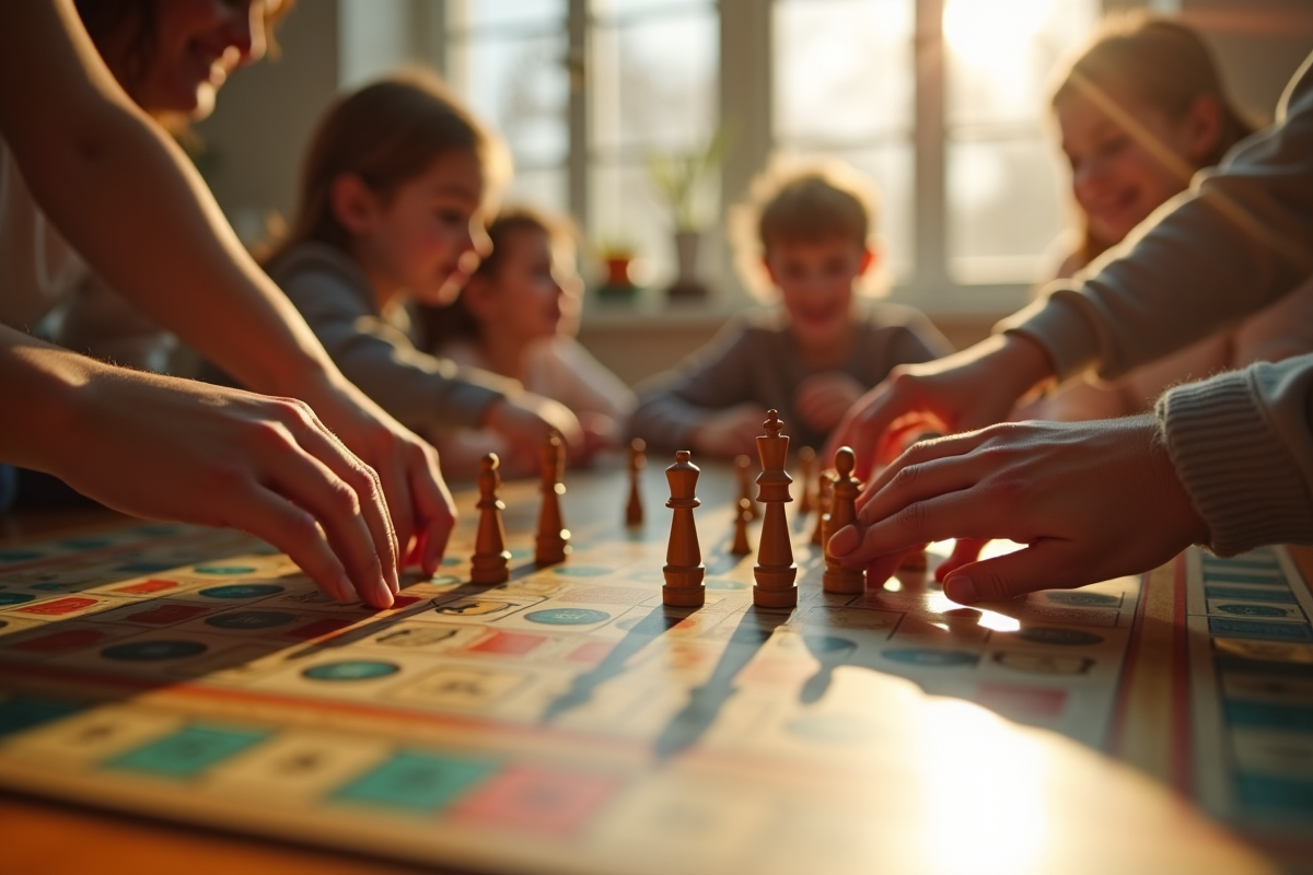 Mains de plusieurs générations jouant à un jeu de société vintage