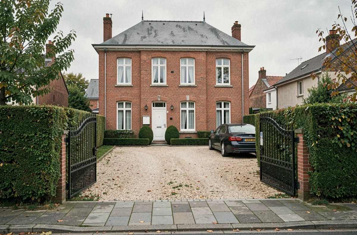 Maison bourgeoise en briques rouges dans le nord de la France avec portail fermé, évoquant la discrétion et le retrait médiatique de la belle-famille Macron