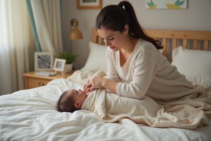 Maman enveloppant son bébé dans une couverture douce