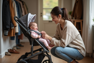 Jeune maman préparant son bébé pour une promenade