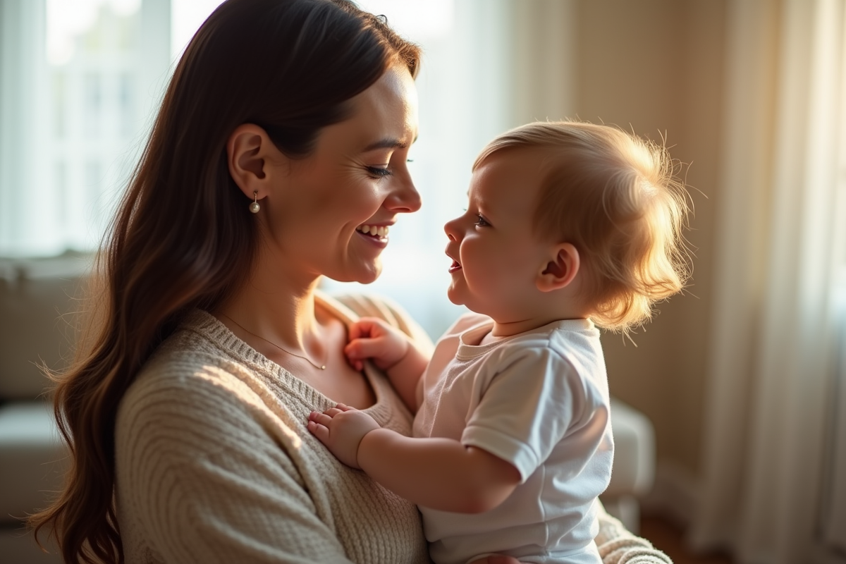 Maman tenant son bébé en souriant dans un salon lumineux