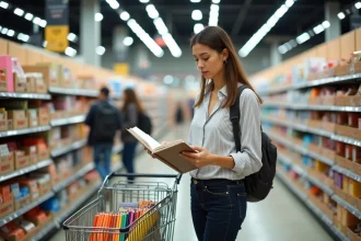 Maman en train de comparer des fournitures scolaires dans le rayon d'un supermarché lors des courses de rentrée