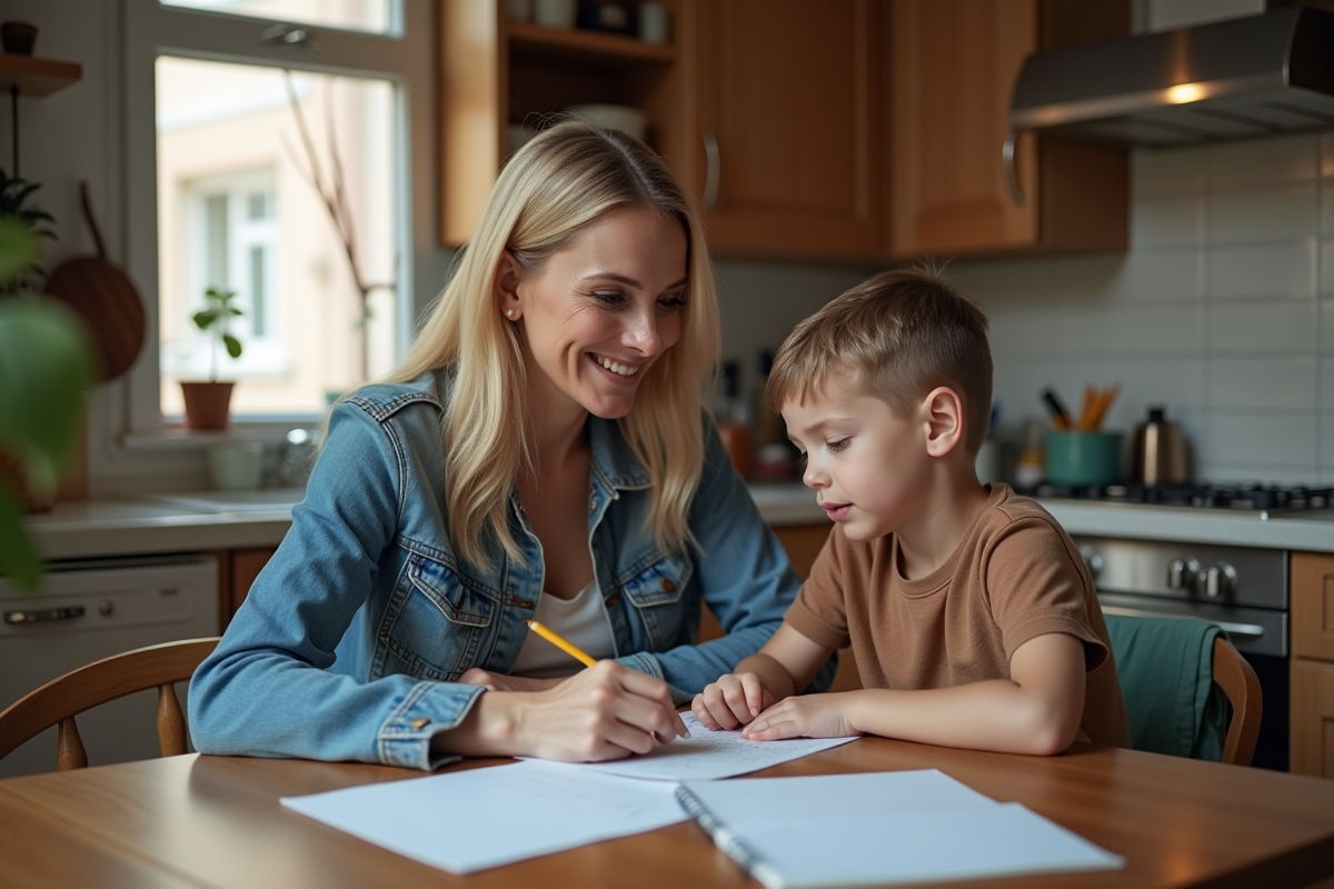 Femme et enfant concentrés sur leurs devoirs à la maison