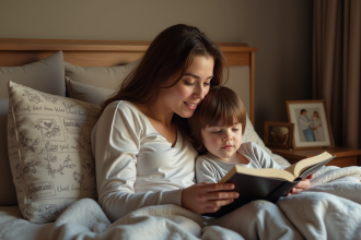 Maman et son enfant lisant dans un lit confortable