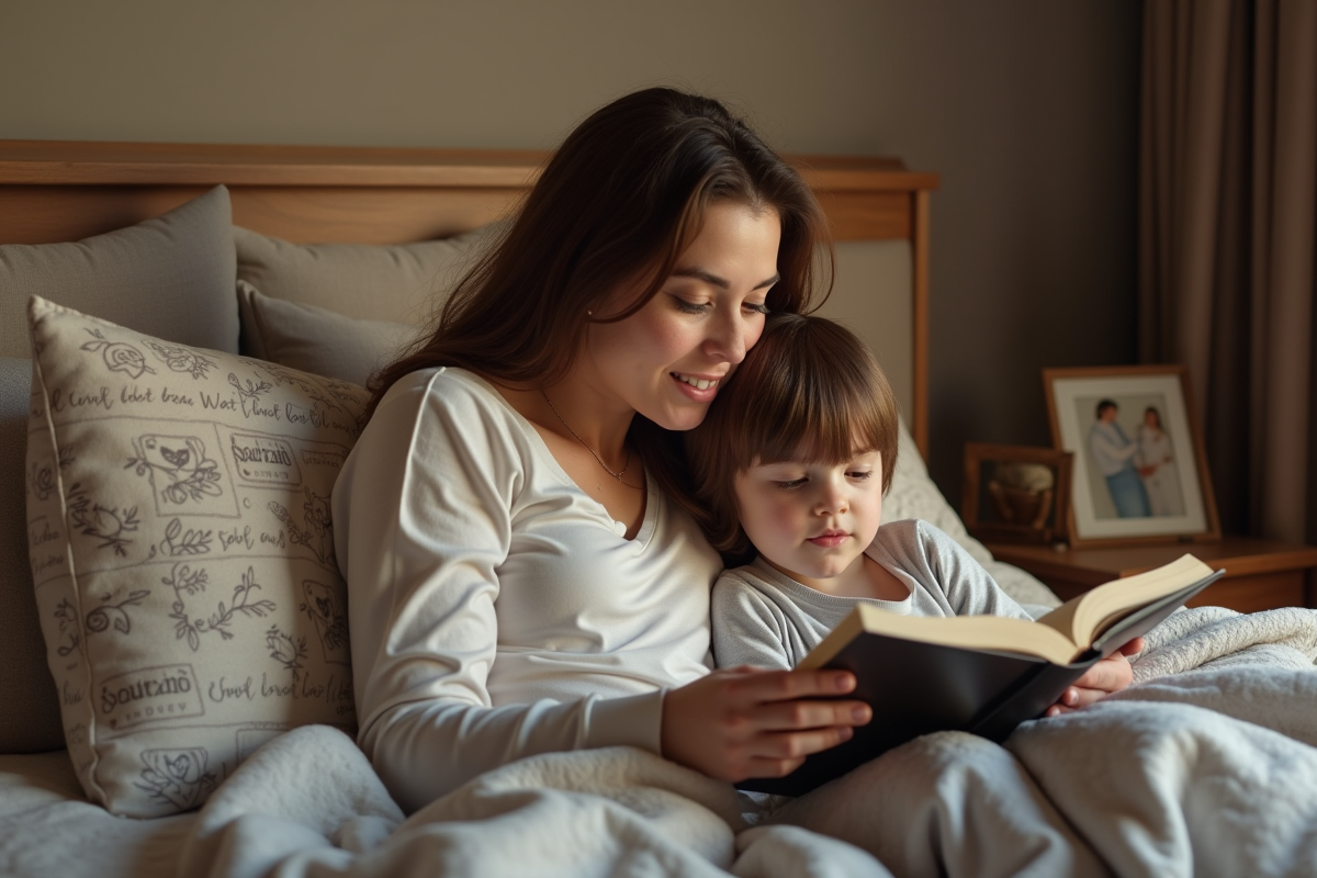 Maman et son enfant lisant dans un lit confortable