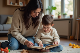Maman et enfant lisant un livre dans le salon cosy