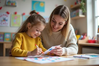 Maman souriante aidant sa fille à peindre une carte