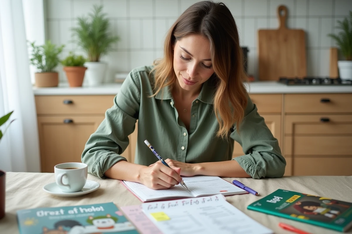 Maman qui prépare sa liste de fournitures scolaires à la maison avant la rentrée