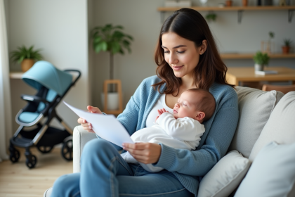 Jeune maman lisant documents d'assurance santé dans le salon