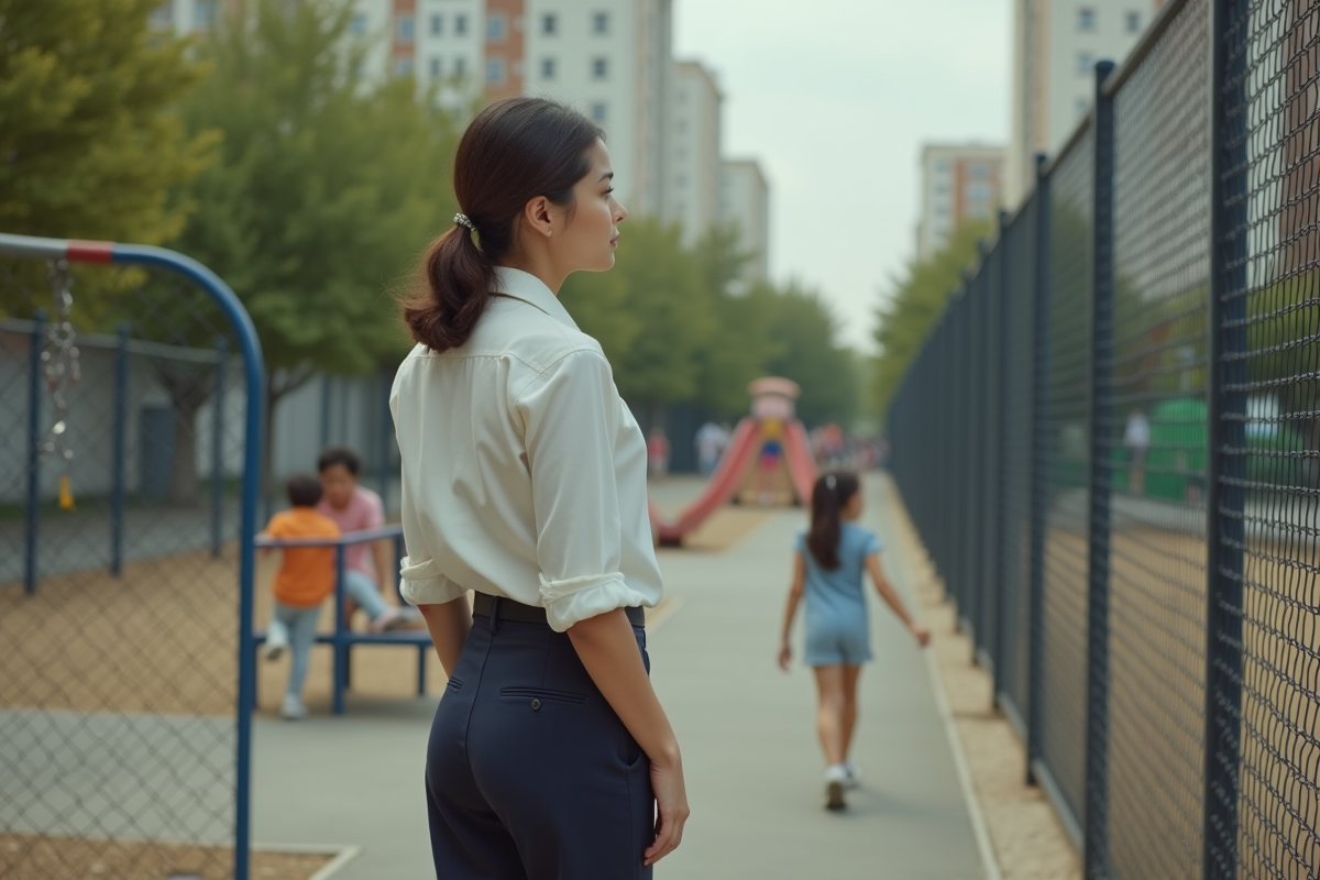 Mère regardant sa fille jouer dans un parc urbain