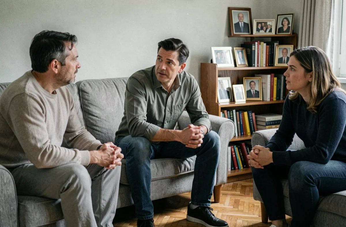 Manuel Bompard en discussion familiale dans un salon français, atmosphère sérieuse et proche