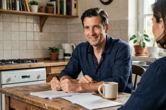 Manuel Bompard en famille dans une cuisine modeste, ambiance intime et chaleureuse