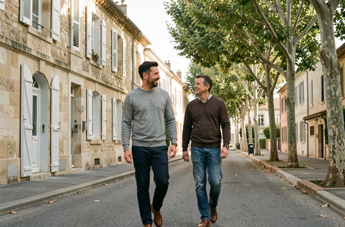 Manuel Bompard se promenant dans une rue résidentielle française avec un proche, ambiance quotidienne