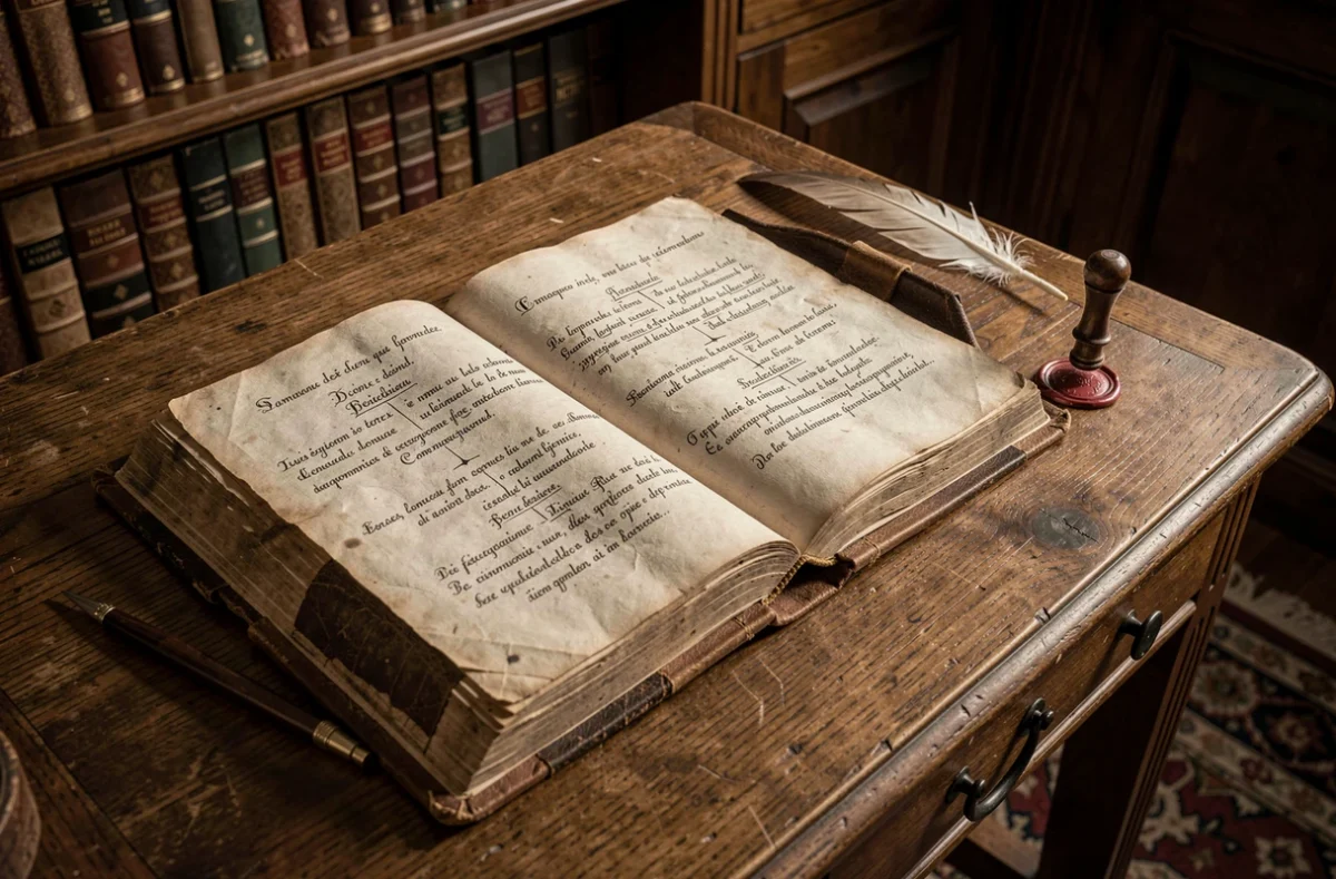Vieux manuscrit calligraphié avec arbre généalogique de succession royale française sur un bureau ancien