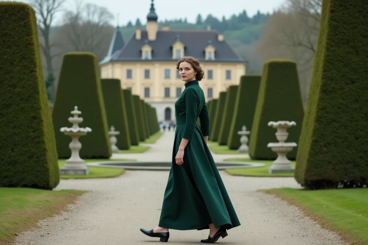Femme en costume victorien se promenant dans un jardin de château autrichien, représentant l'indépendance et l'esprit rebelle de la princesse Marie Valérie fille de Sissi