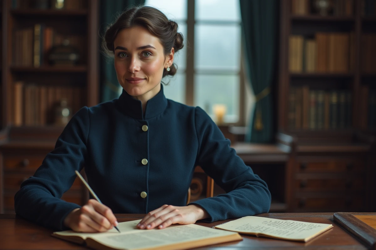 Femme aristocrate autrichienne du XIXe siècle écrivant dans un journal intime dans un bureau historique, symbolisant la rébellion intérieure de Marie Valérie