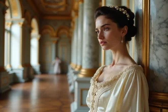 Portrait d'une jeune aristocrate autrichienne en robe de cour du XIXe siècle dans un palais impérial, évoquant la princesse Marie Valérie fille de Sissi