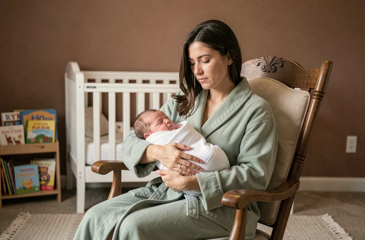 Jeune mère en congé de naissance tenant son nouveau-né dans une chambre de bébé apaisante