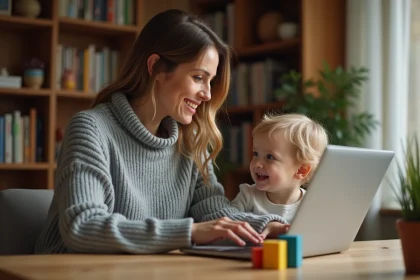 Mère travaillant depuis son bureau à domicile tout en surveillant son enfant en bas âge qui joue sur le sol, illustrant la conciliation travail et parentalité