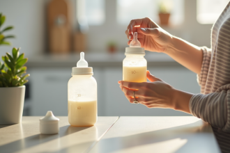 Maman mesurant 60 cl de lait pour bébé dans une cuisine lumineuse