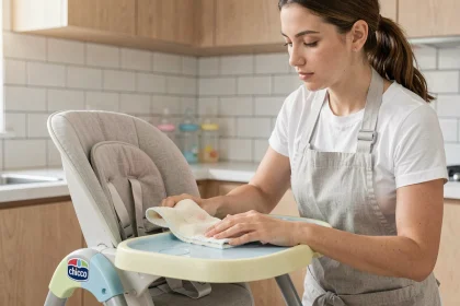 Jeune femme nettoyant la chaise haute Chicco Polly Magic Relax avec un chiffon microfibre dans une cuisine moderne