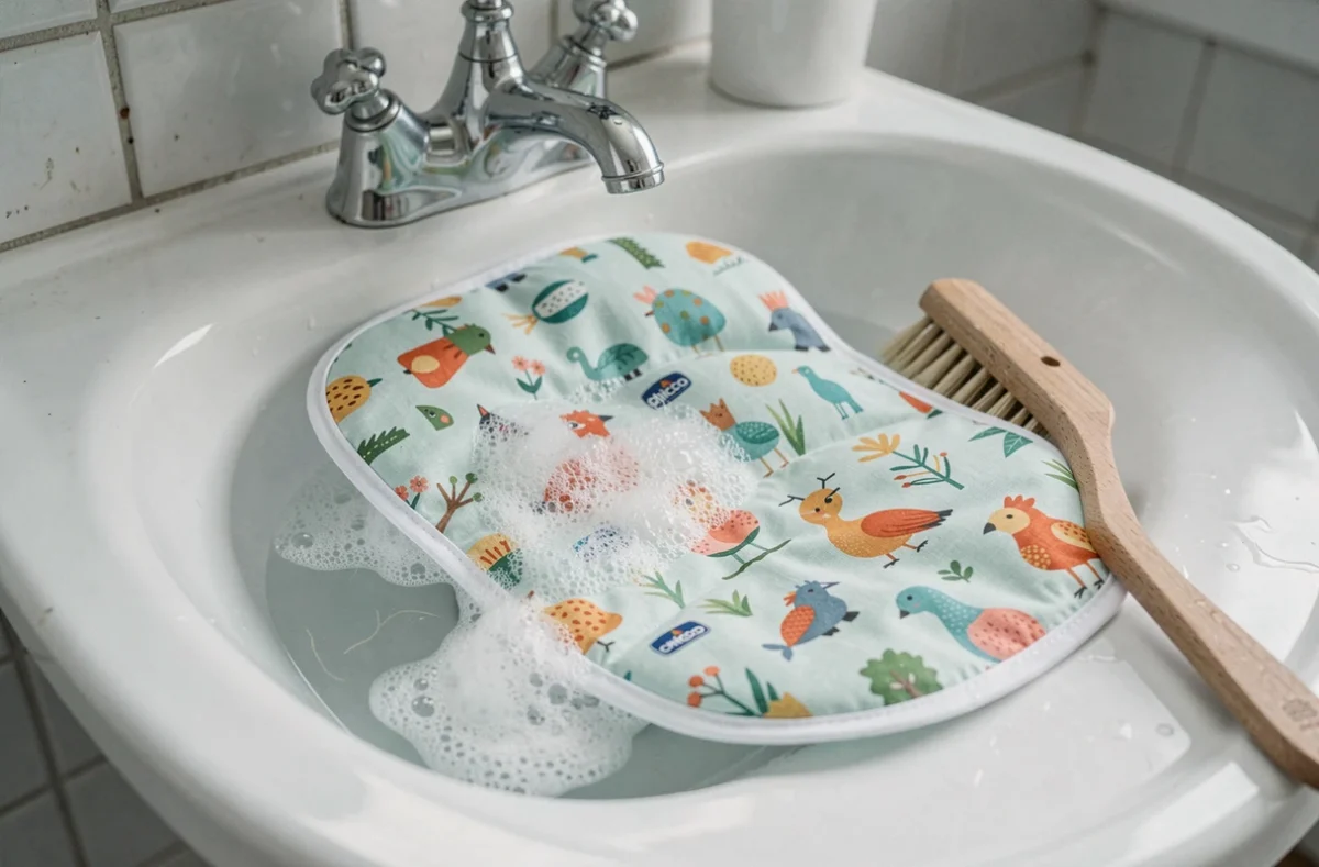 Coussin amovible de la chaise haute Chicco Polly Magic Relax en train de tremper dans de l'eau savonneuse pour nettoyage en profondeur