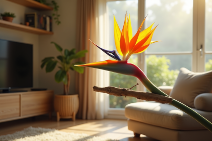 Oiseau paradis perché dans un salon lumineux et cosy