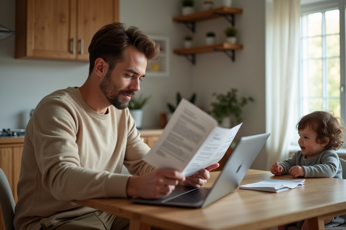 Jeune père travaillant sur ordinateur avec bébé à côté dans la cuisine