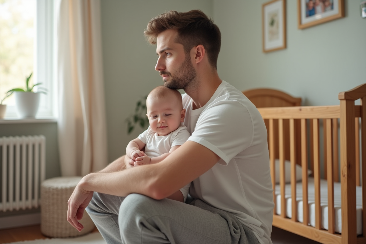 Père regardant son bébé endormi dans la nurserie
