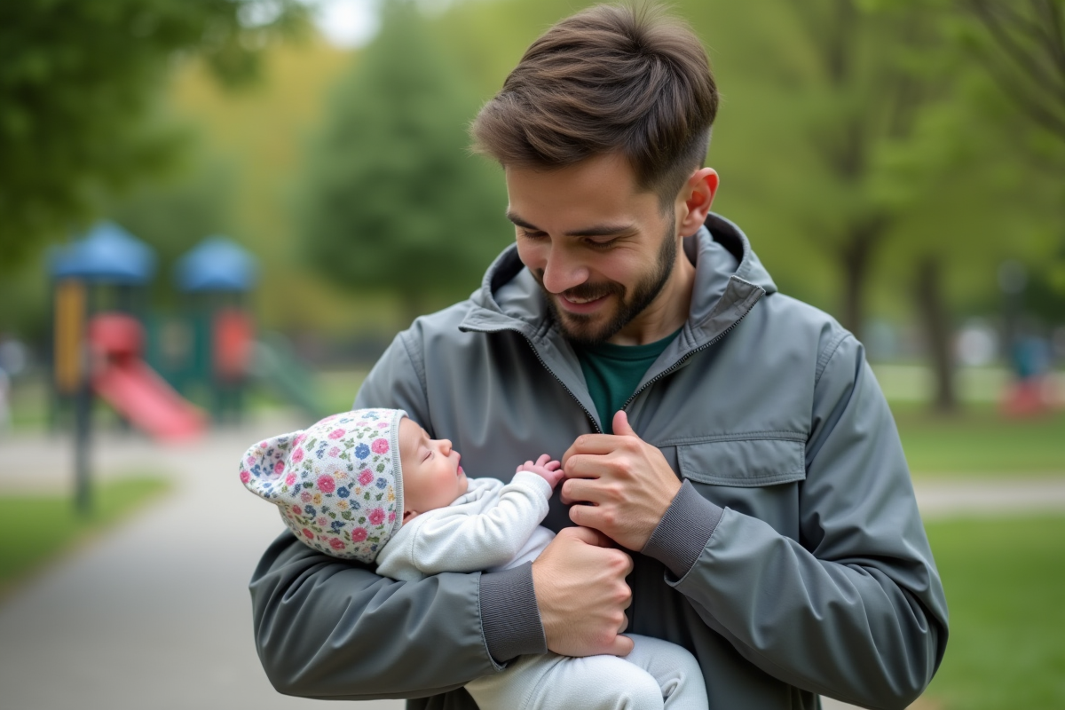 Père zippant la veste de sa fille dans un parc