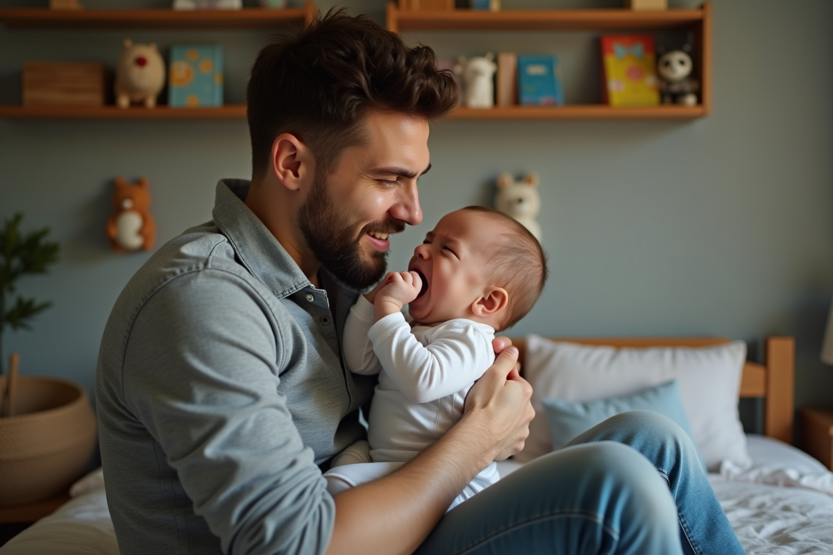 Pere rassurant berçant son bebe de huit mois dans une nurserie