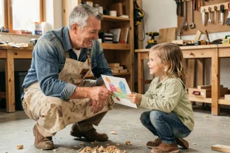 Papa bricoleur reçoit un poème de sa fille pour la fête des pères dans son atelier en bois
