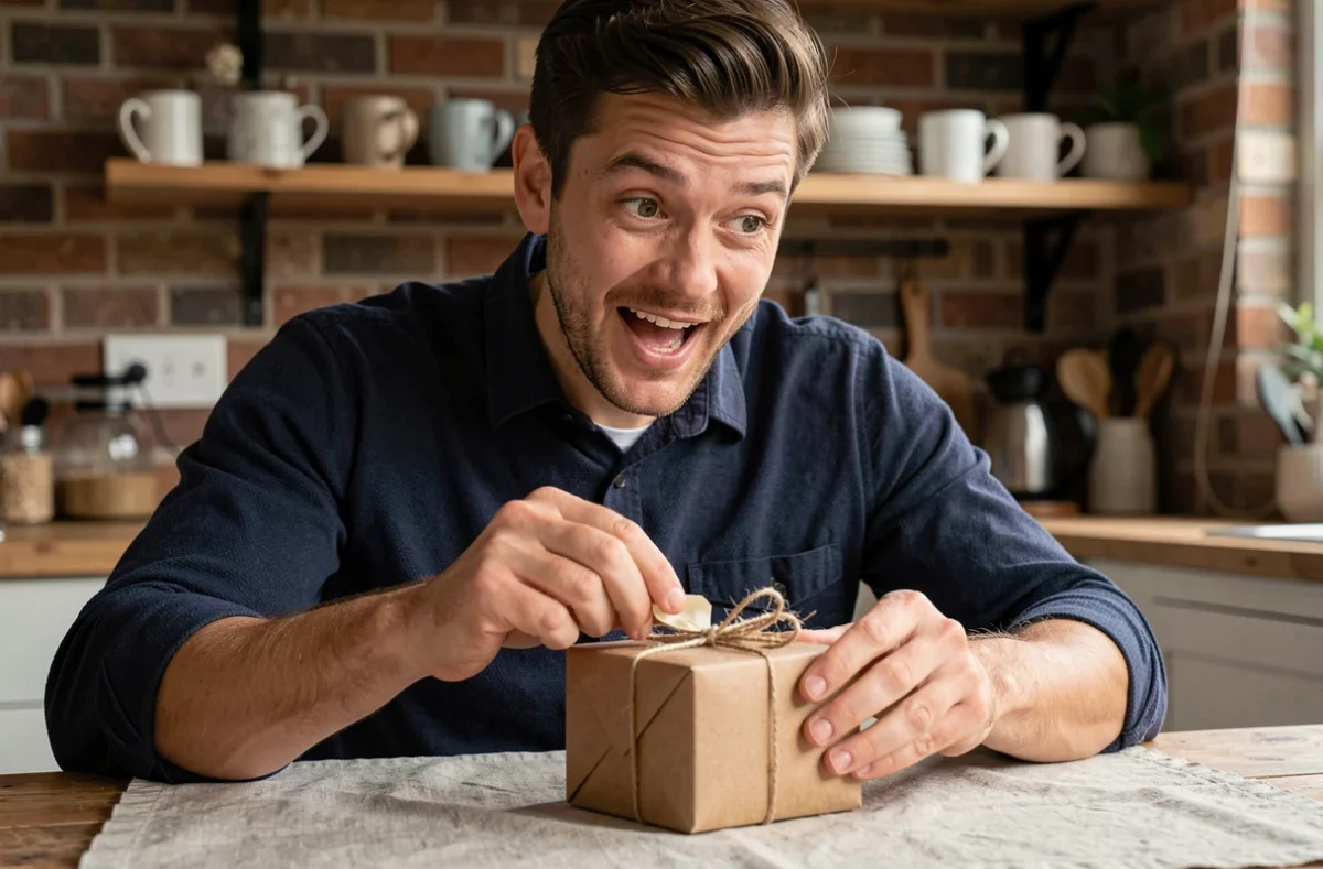 Papa découvrant avec émotion un cadeau personnalisé annonçant la grossesse de sa compagne à la maison