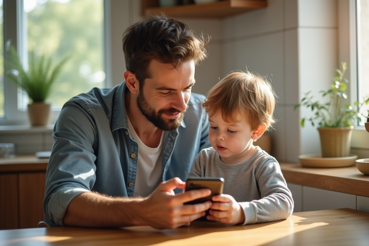 Père et enfant au repas dans une cuisine lumineuse