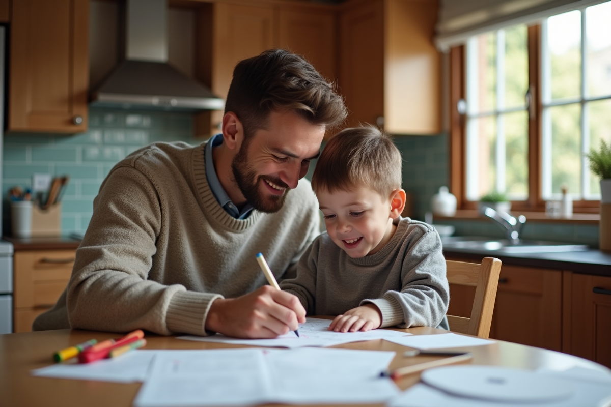 Père et son fils dessinant à la table de cuisine