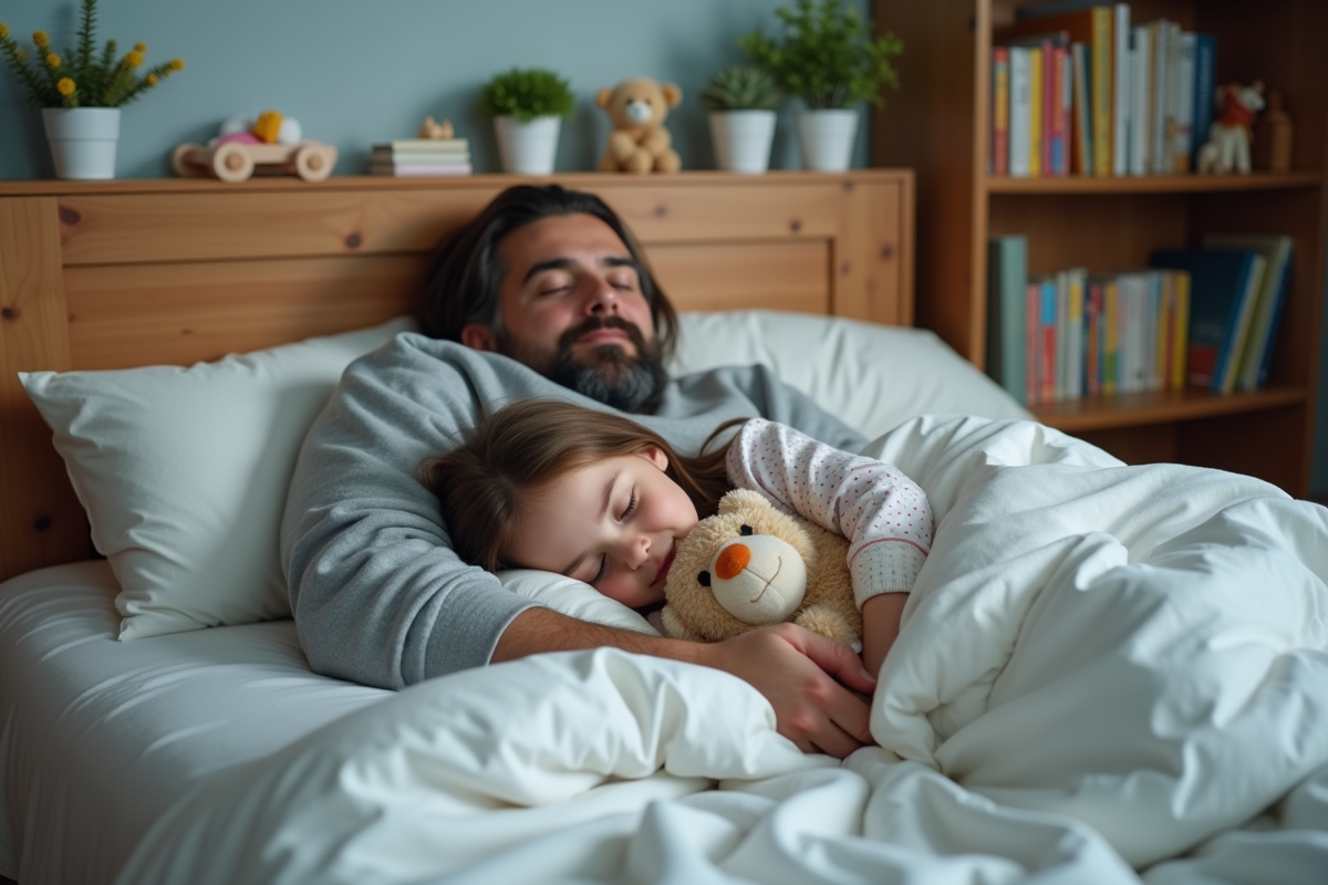 Père et fille endormis dans un lit moderne et accueillant