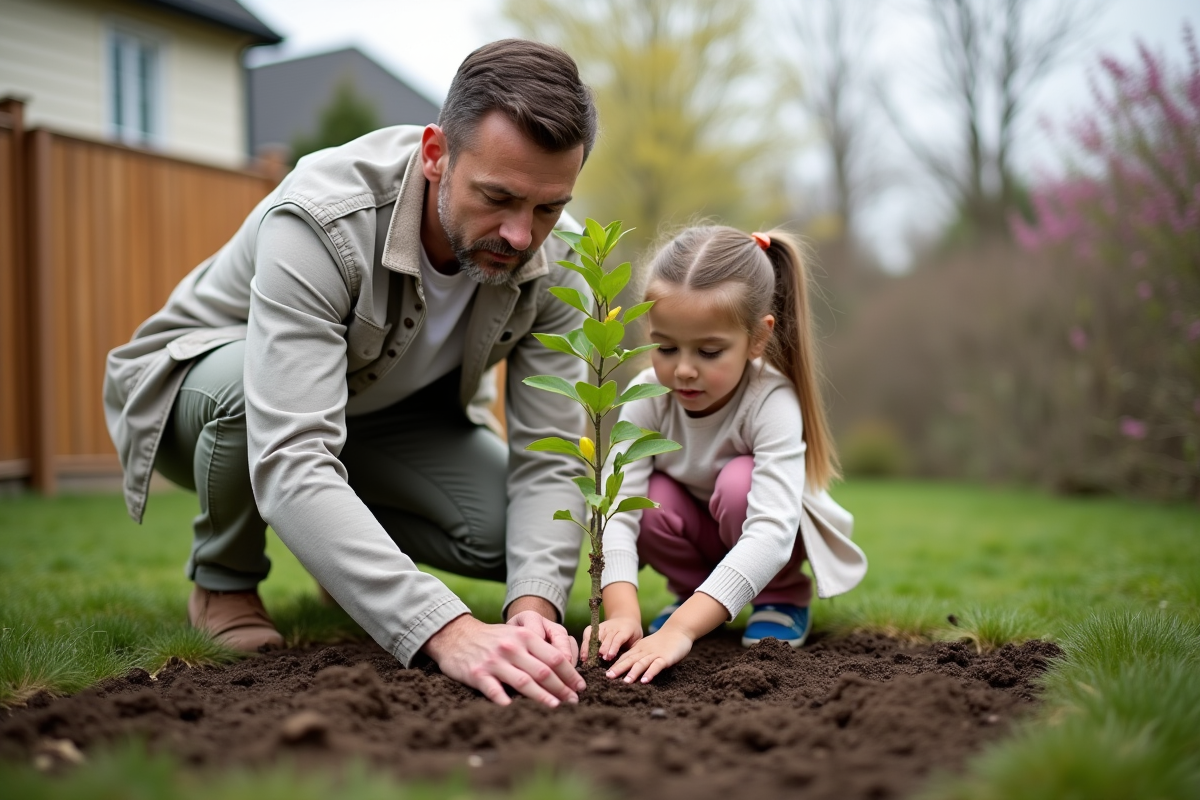 Père et fille plantant un arbre dans le jardin