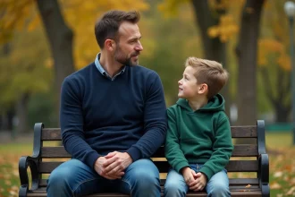 Père et fils assis sur un banc dans un parc automnal
