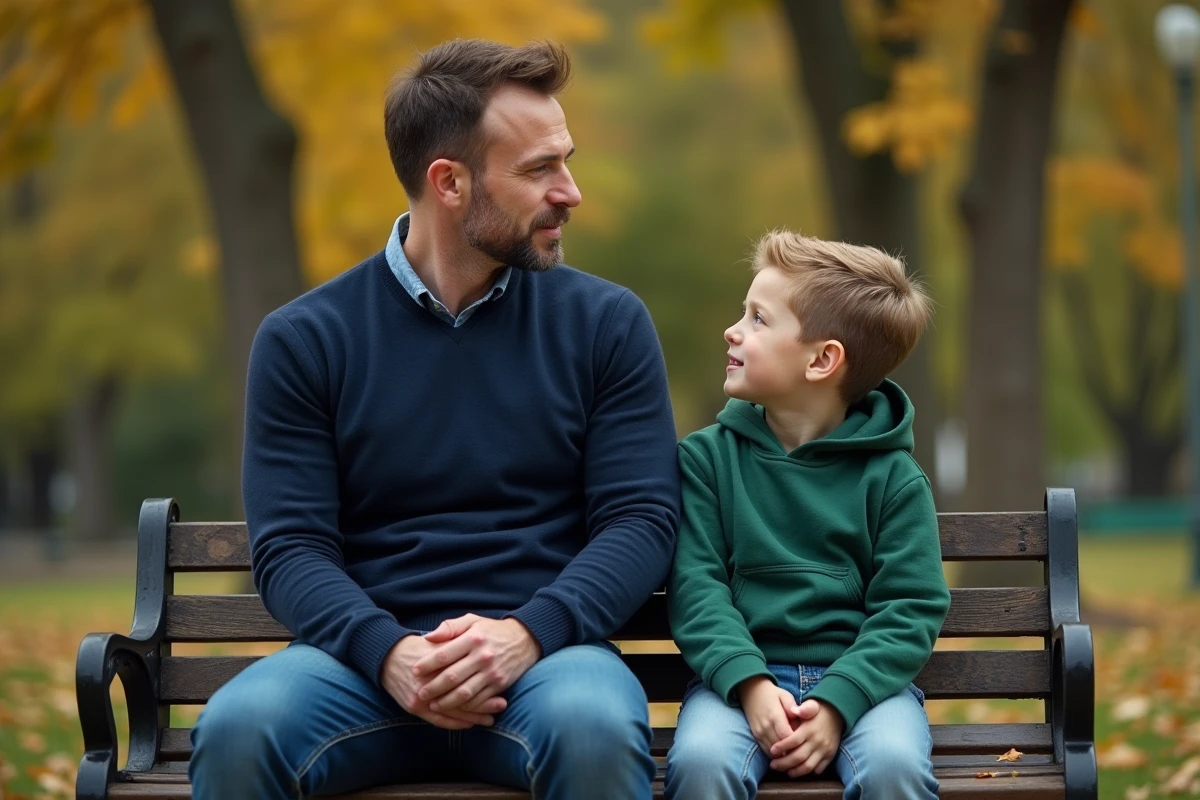 Père et fils assis sur un banc dans un parc automnal