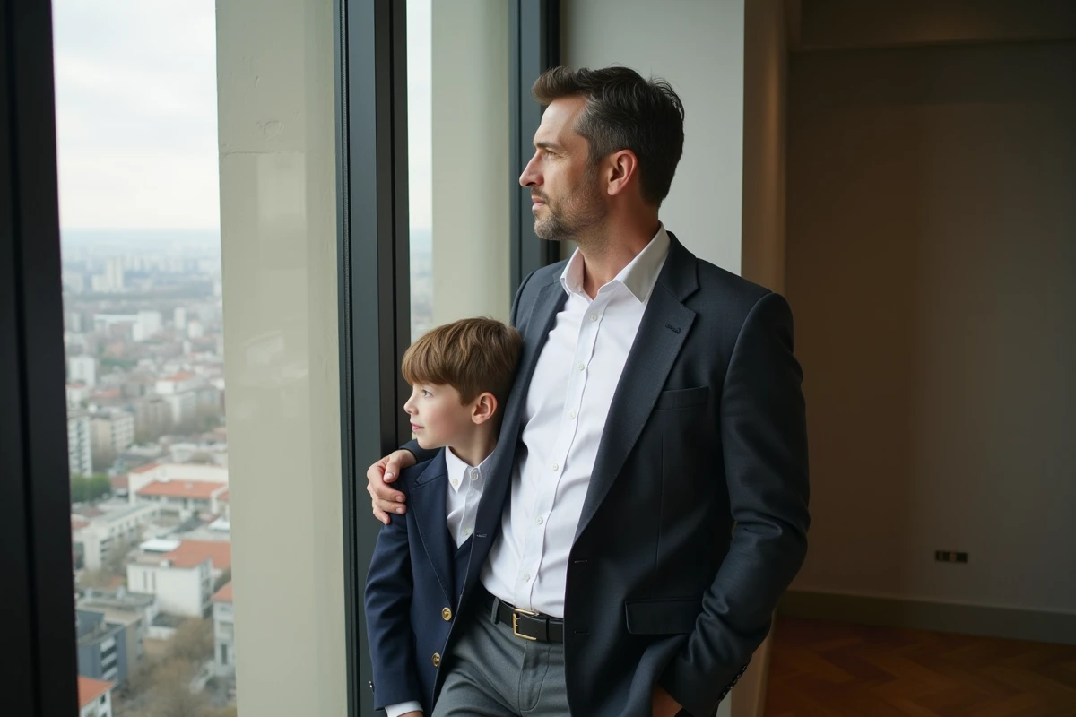 Père et fils en portrait dans un intérieur moderne