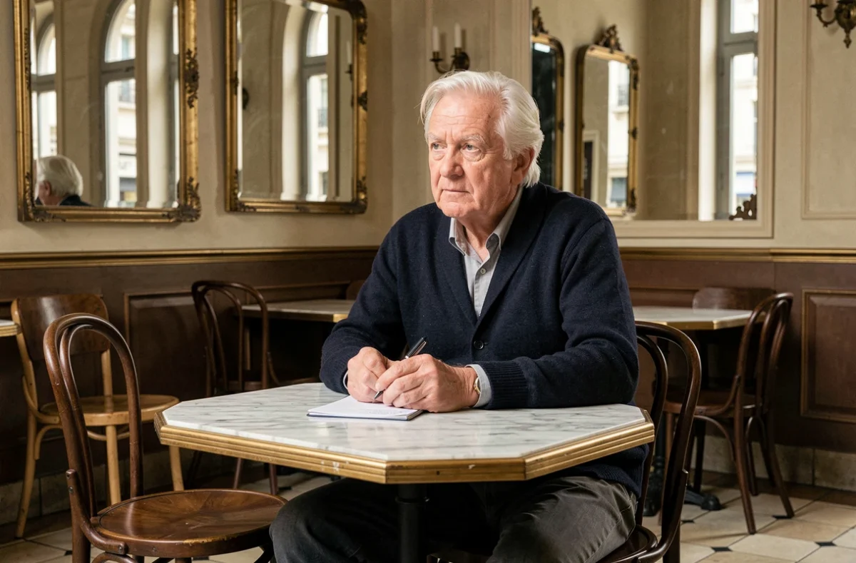 Homme de lettres québécois seul dans une brasserie parisienne, ambiance intime évoquant la vie personnelle et artistique