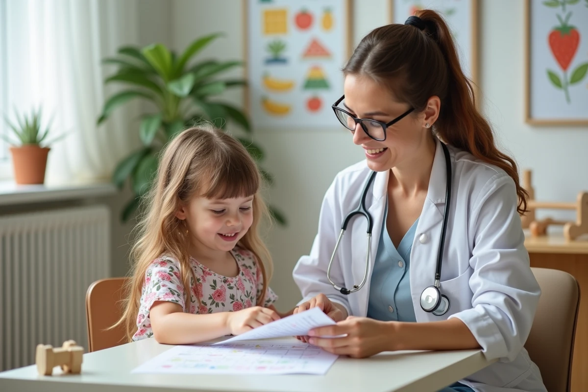 Pediatre et enfant regardant un tableau nutrition